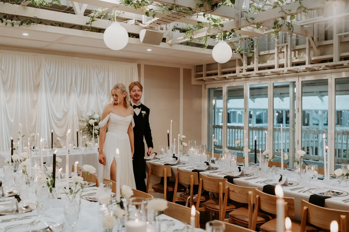 Wedding couple in the reception room at Wharf Events